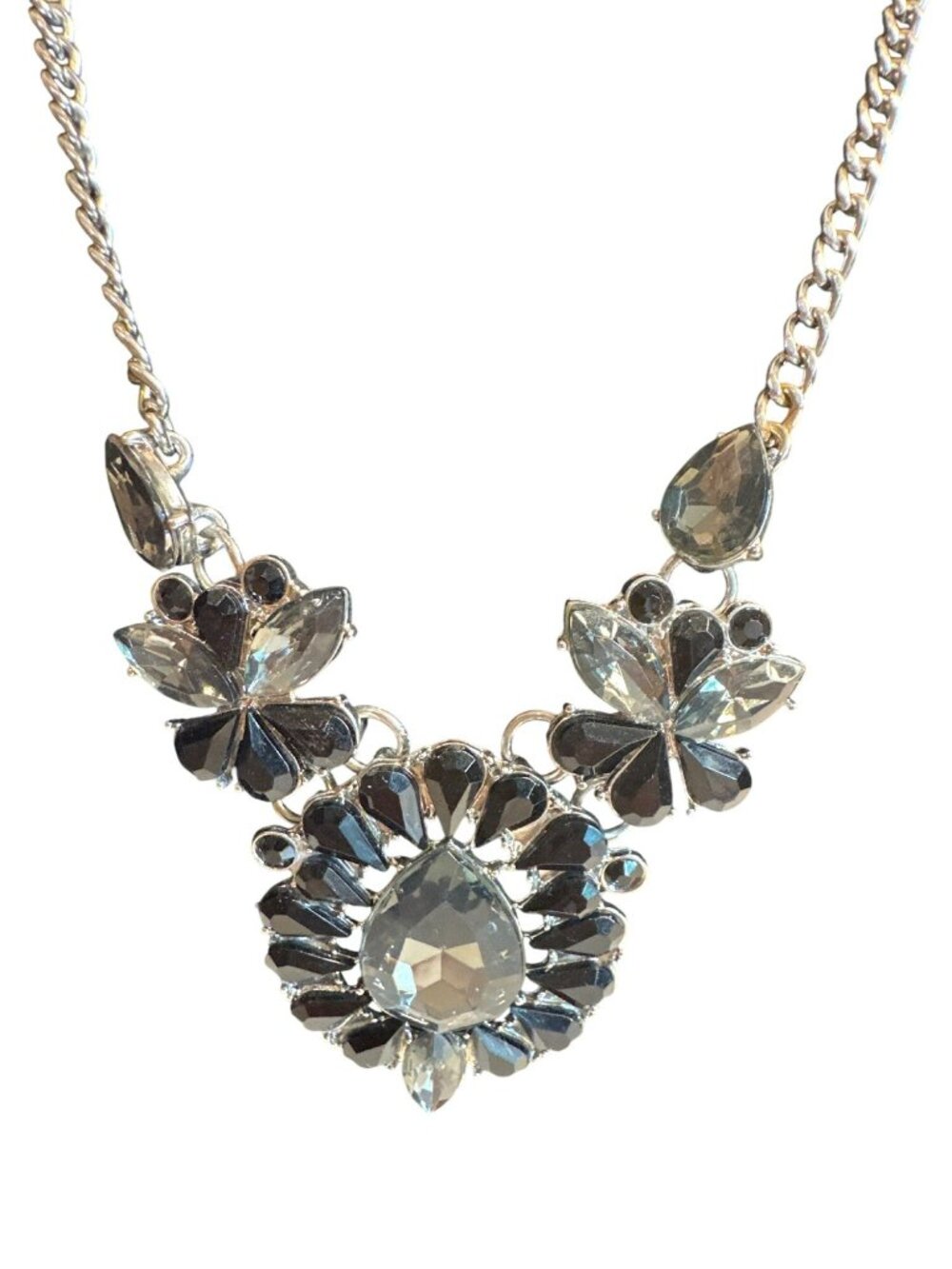Statement Necklace Black & Clear Rhinestones Floral Design Old Hollywood Elegant
